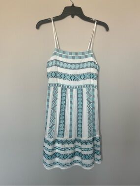 Savanna Jane White Dress with Teal Geometric Print | NWT